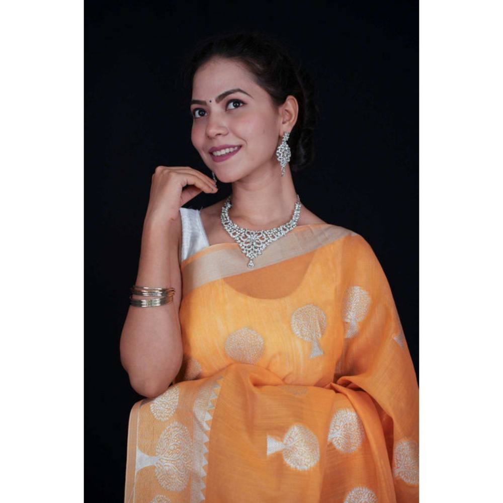 Isadora Life Womens Woven Zari Orange Pre-Draped Saree with Unstitched Blouse