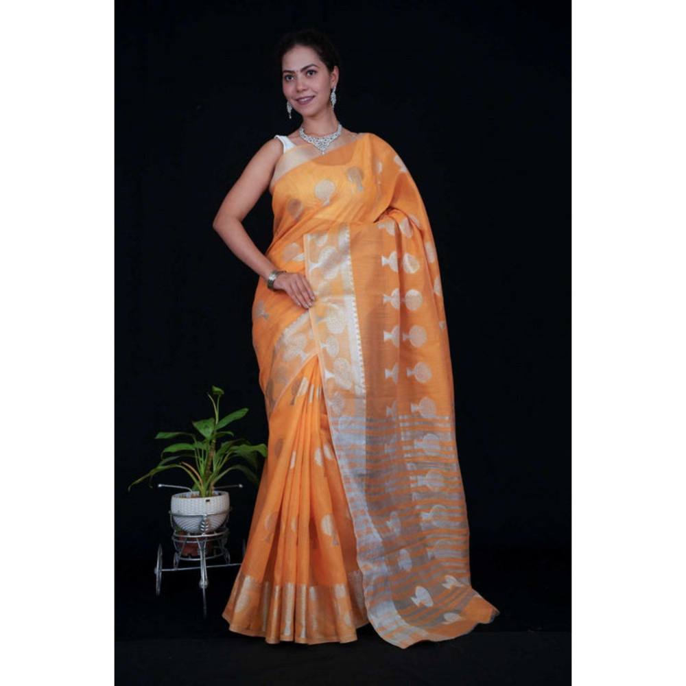 Isadora Life Womens Woven Zari Orange Pre-Draped Saree with Unstitched Blouse