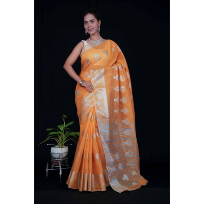 Isadora Life Womens Woven Zari Orange Pre-Draped Saree with Unstitched Blouse