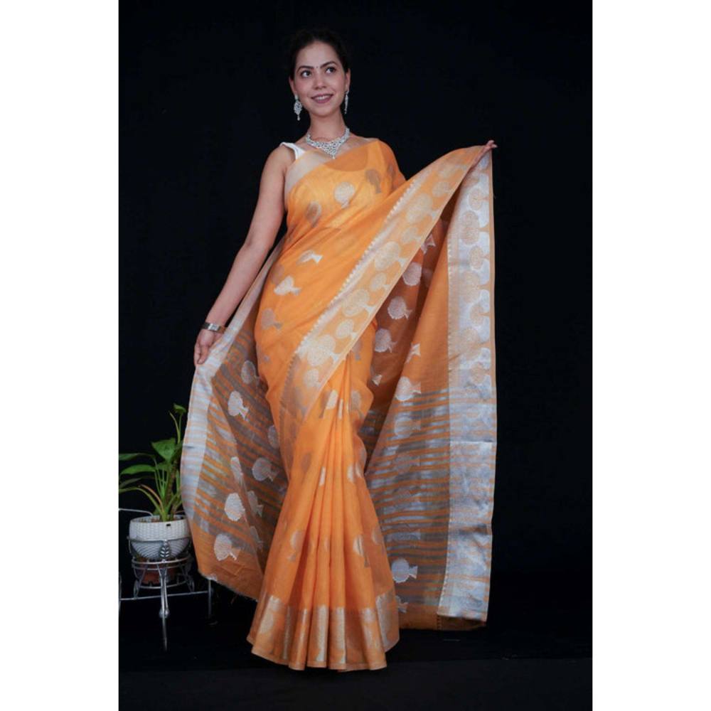 Isadora Life Womens Woven Zari Orange Pre-Draped Saree with Unstitched Blouse