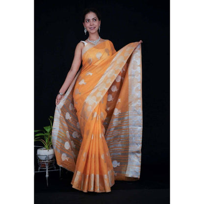 Isadora Life Womens Woven Zari Orange Pre-Draped Saree with Unstitched Blouse