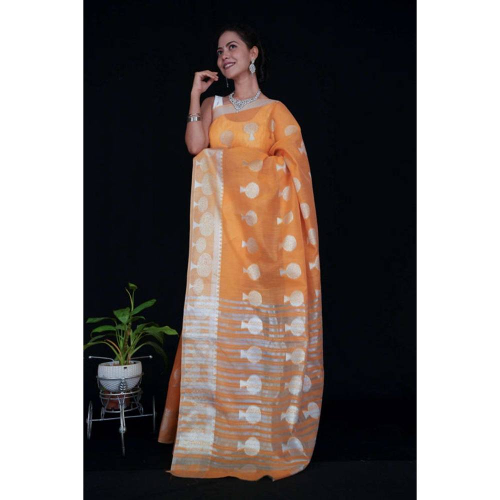 Isadora Life Womens Woven Zari Orange Pre-Draped Saree with Unstitched Blouse
