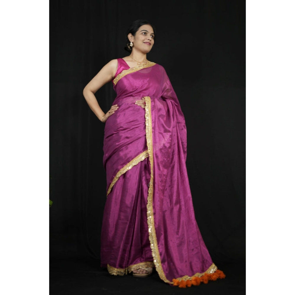 Isadora Life Womens Solid Tassels Purple Pre-Draped Saree with Unstitched Blouse