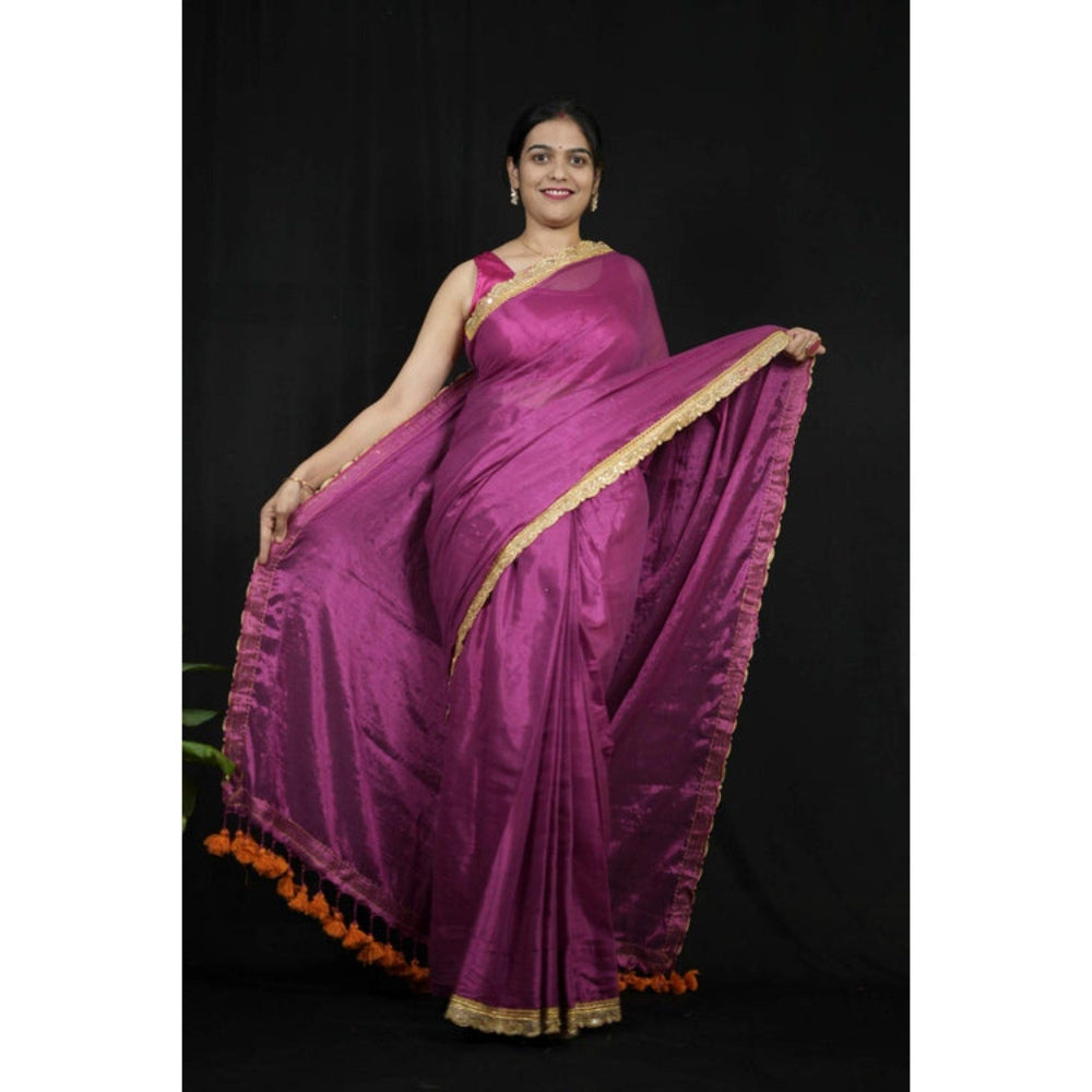 Isadora Life Womens Solid Tassels Purple Pre-Draped Saree with Unstitched Blouse