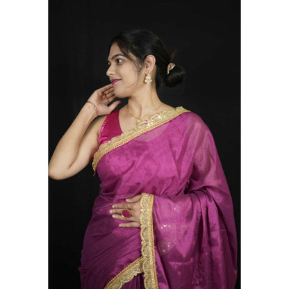 Isadora Life Womens Solid Tassels Purple Pre-Draped Saree with Unstitched Blouse