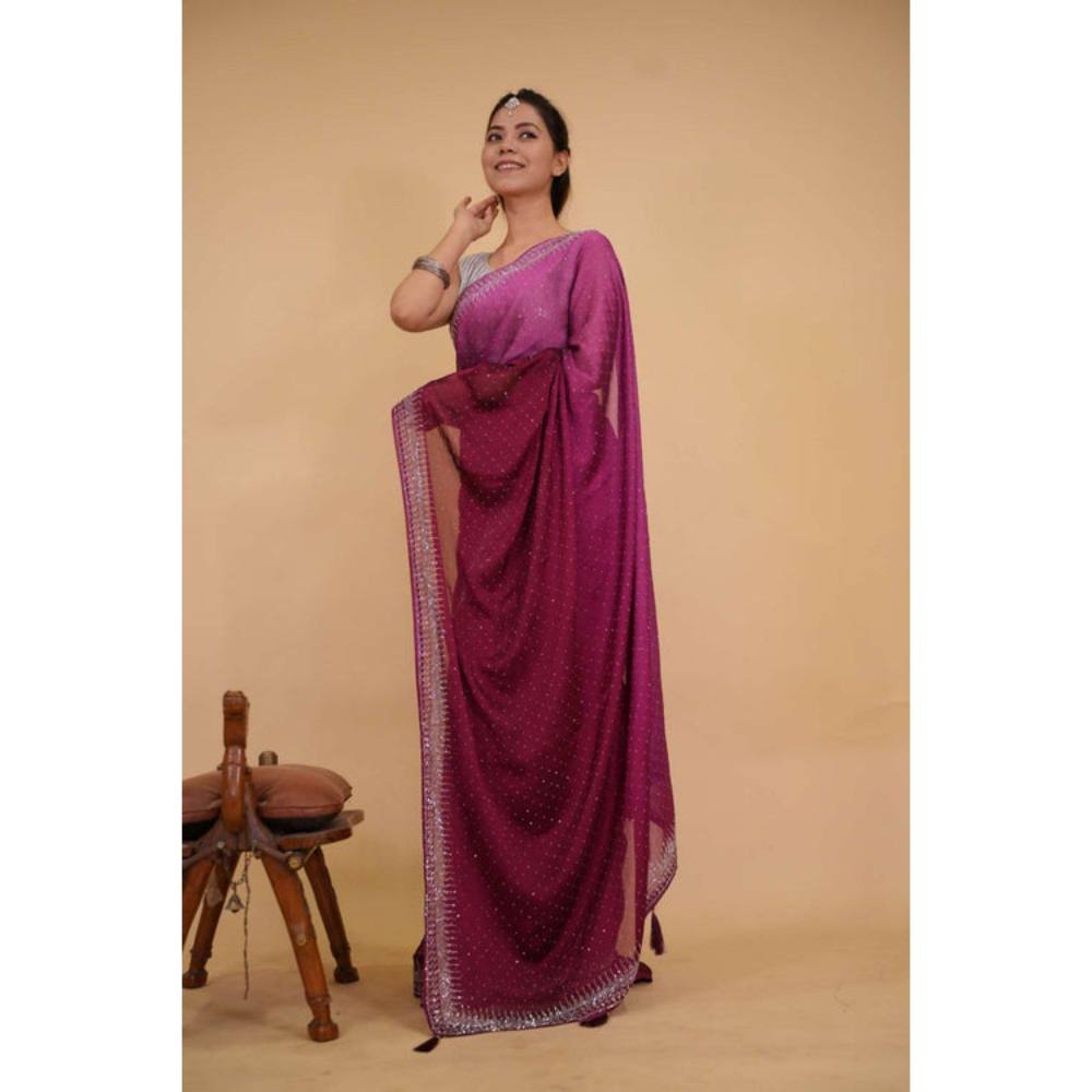 Isadora Life Womens Beads Sequined Purple Pre-Draped Saree with Unstitched Blouse