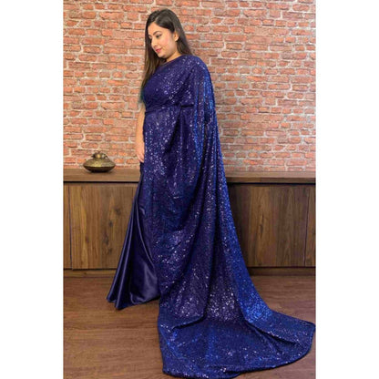 Isadora Life Womens Sequined Blue Pre-Draped Saree with Unstitched Blouse
