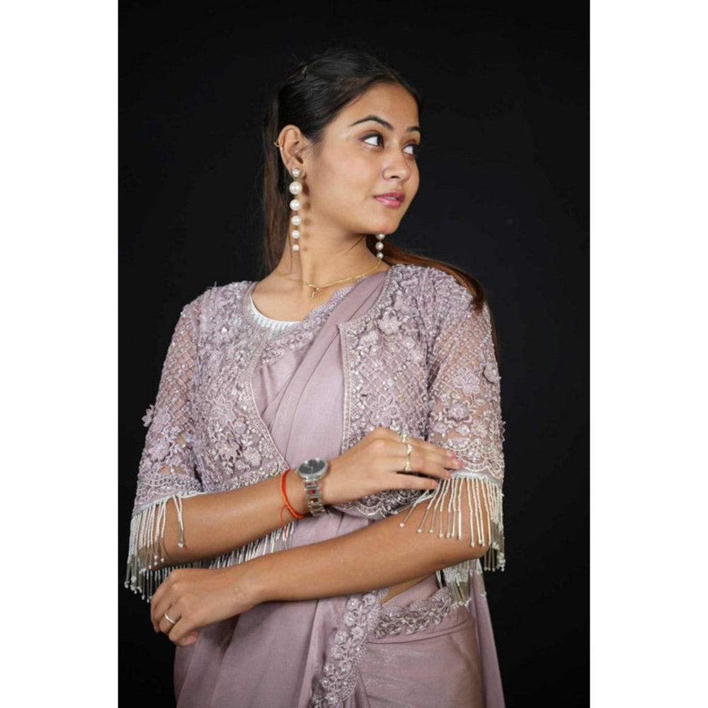 Isadora Life Womens Sequined Lavender Pre-Draped Saree with Unstitched Blouse and Jacket