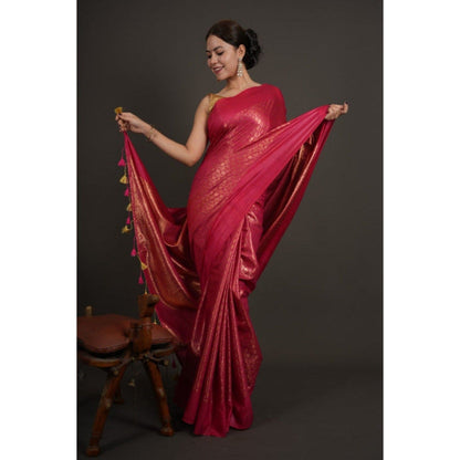 Isadora Life Womens Woven Tassels Pink Pre-Draped Saree with Unstitched Blouse