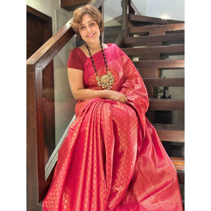 Isadora Life Womens Woven Tassels Pink Pre-Draped Saree with Unstitched Blouse