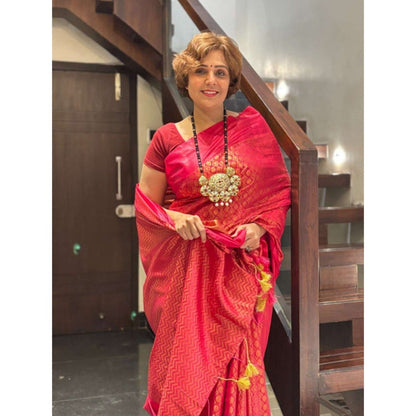 Isadora Life Womens Woven Tassels Pink Pre-Draped Saree with Unstitched Blouse