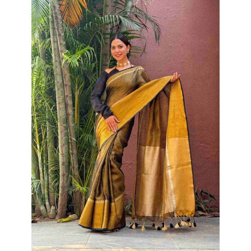 Isadora Life Womens Solid Tassels Brown Pre-Draped Saree with Unstitched Blouse