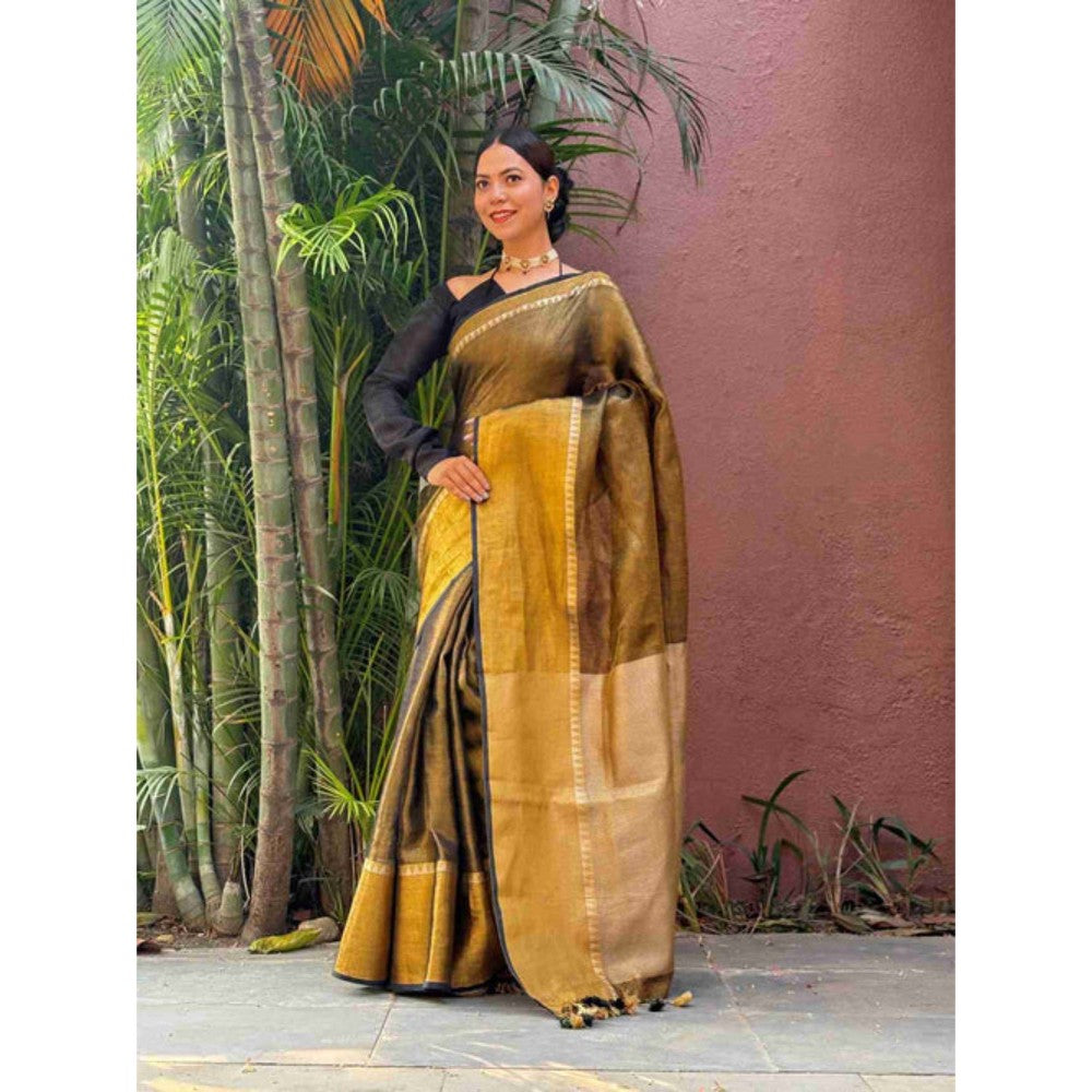 Isadora Life Womens Solid Tassels Brown Pre-Draped Saree with Unstitched Blouse
