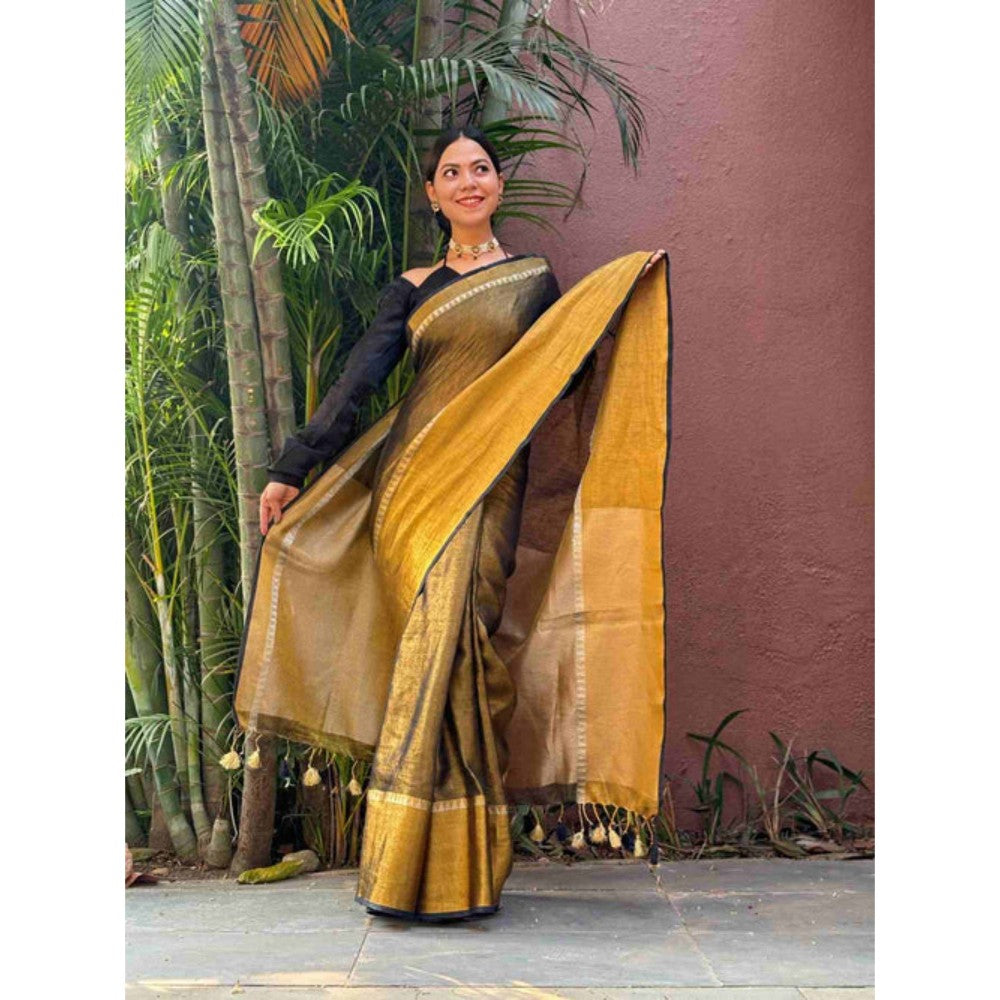 Isadora Life Womens Solid Tassels Brown Pre-Draped Saree with Unstitched Blouse