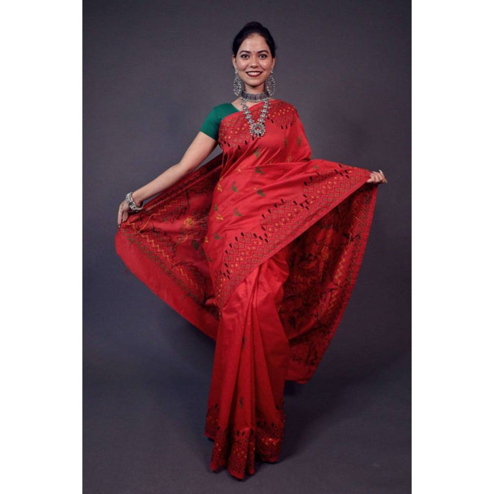 Isadora Life Womens Embroidered Thread Work Red Pre-Draped Saree with Unstitched Blouse