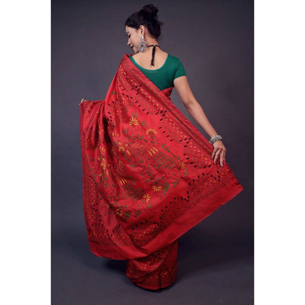 Isadora Life Womens Embroidered Thread Work Red Pre-Draped Saree with Unstitched Blouse