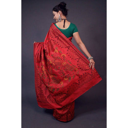 Isadora Life Womens Embroidered Thread Work Red Pre-Draped Saree with Unstitched Blouse