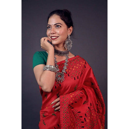 Isadora Life Womens Embroidered Thread Work Red Pre-Draped Saree with Unstitched Blouse