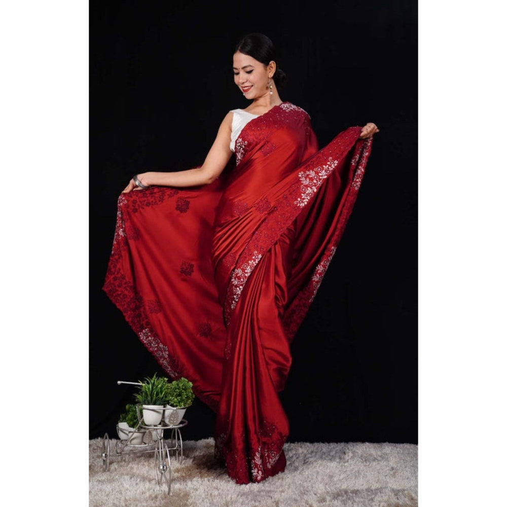 Isadora Life Womens Sequined Embroidered Maroon Pre-Draped Saree with Unstitched Blouse