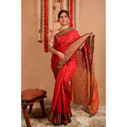 Isadora Life Womens Woven Tassels Red Pre-Draped Saree with Unstitched Blouse