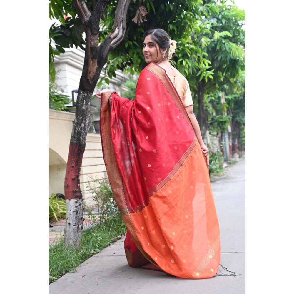 Isadora Life Womens Woven Tassels Red Pre-Draped Saree with Unstitched Blouse