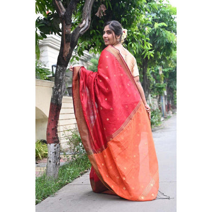 Isadora Life Womens Woven Tassels Red Pre-Draped Saree with Unstitched Blouse