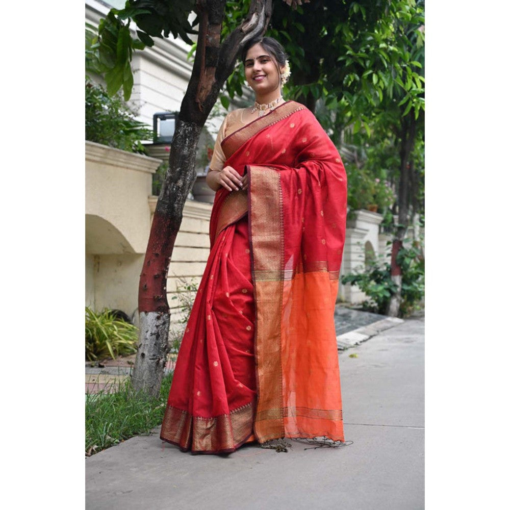 Isadora Life Womens Woven Tassels Red Pre-Draped Saree with Unstitched Blouse