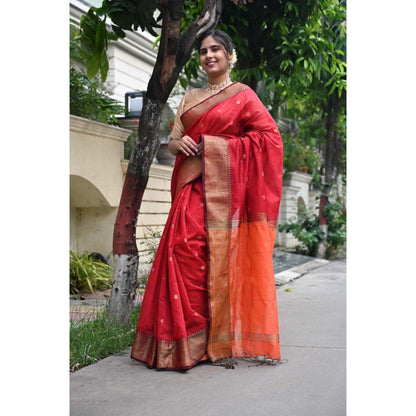 Isadora Life Womens Woven Tassels Red Pre-Draped Saree with Unstitched Blouse