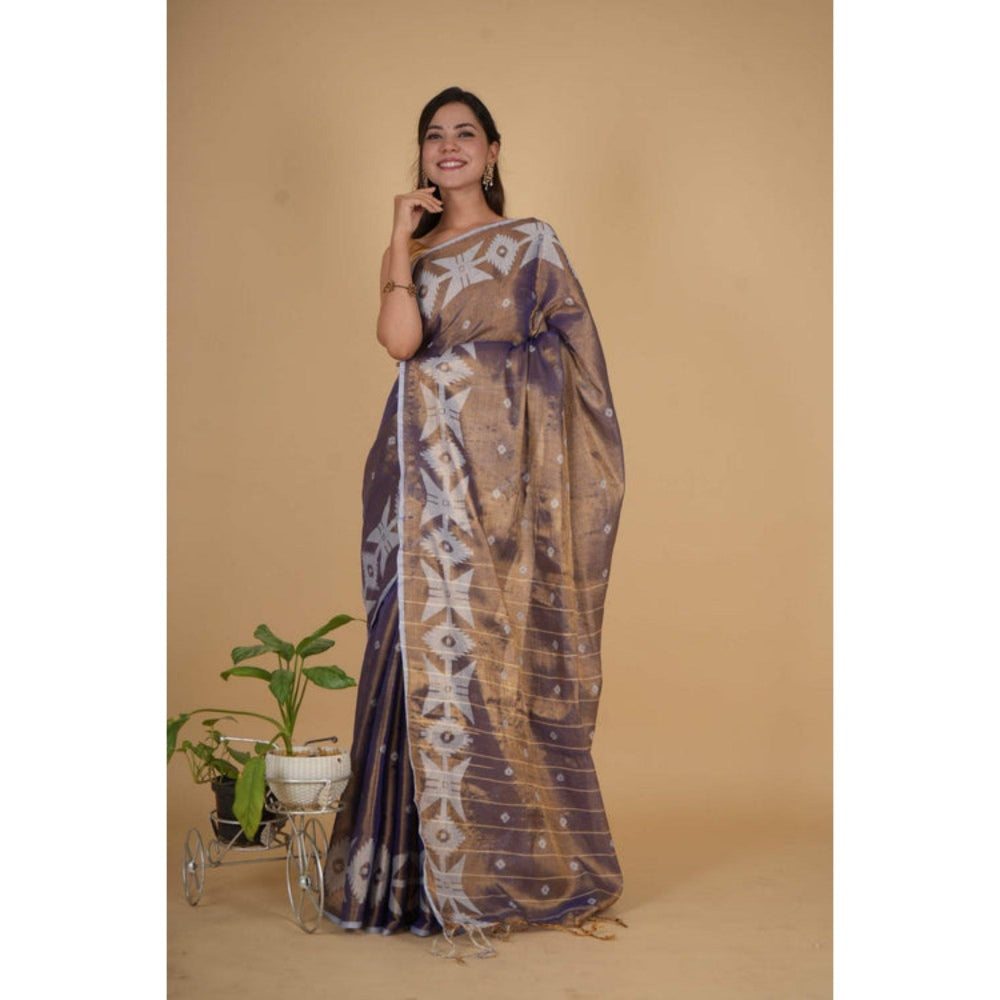Isadora Life Womens Woven Tassels Purple Pre-Draped Saree with Unstitched Blouse