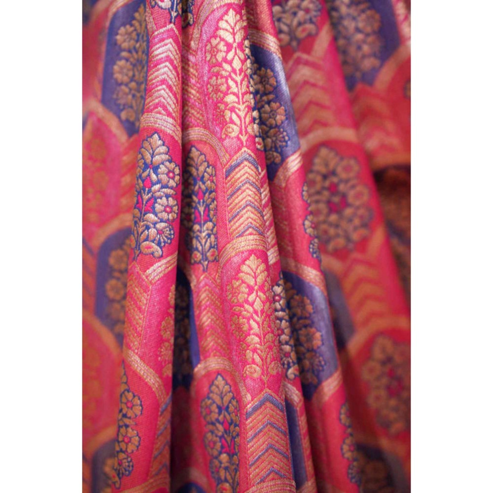 Isadora Life Womens Woven Tassels Pink Pre-Draped Saree with Unstitched Blouse