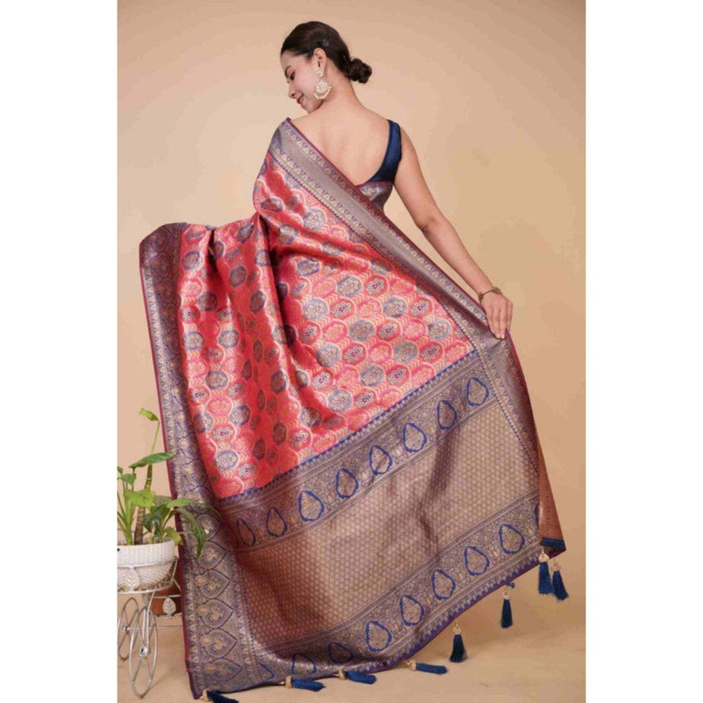 Isadora Life Womens Woven Tassels Pink Pre-Draped Saree with Unstitched Blouse