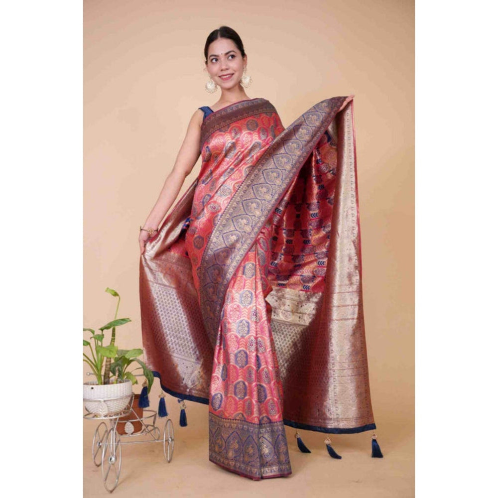 Isadora Life Womens Woven Tassels Pink Pre-Draped Saree with Unstitched Blouse
