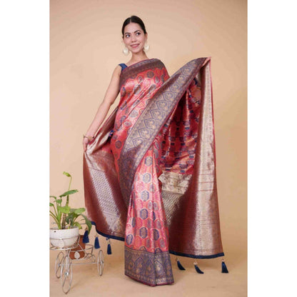 Isadora Life Womens Woven Tassels Pink Pre-Draped Saree with Unstitched Blouse