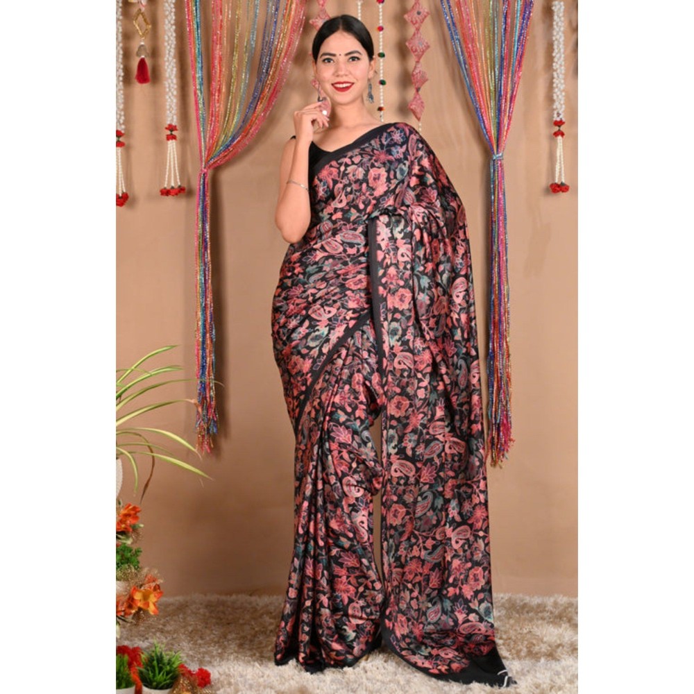 Isadora Life Womens Floral Printed Black Pre-Draped Saree with Unstitched Blouse