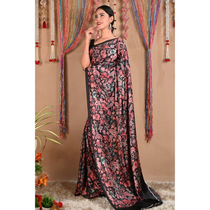 Isadora Life Womens Floral Printed Black Pre-Draped Saree with Unstitched Blouse