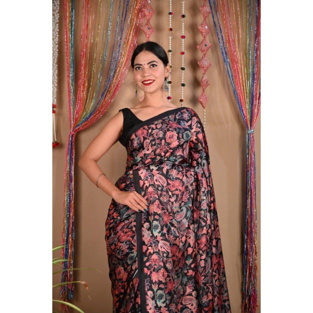 Isadora Life Womens Floral Printed Black Pre-Draped Saree with Unstitched Blouse