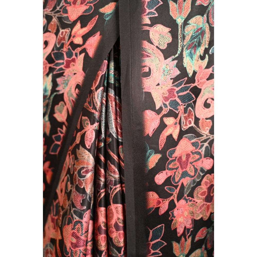 Isadora Life Womens Floral Printed Black Pre-Draped Saree with Unstitched Blouse