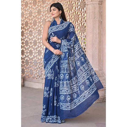 Isadora Life Womens Printed Blue Pre-Draped Saree with Unstitched Blouse
