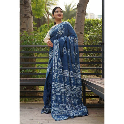 Isadora Life Womens Printed Blue Pre-Draped Saree with Unstitched Blouse