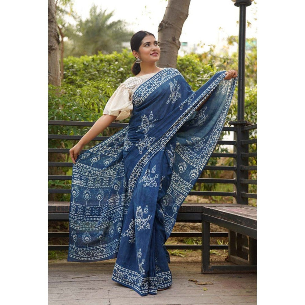 Isadora Life Womens Printed Blue Pre-Draped Saree with Unstitched Blouse