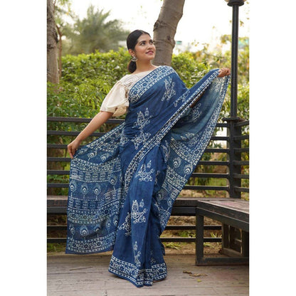 Isadora Life Womens Printed Blue Pre-Draped Saree with Unstitched Blouse