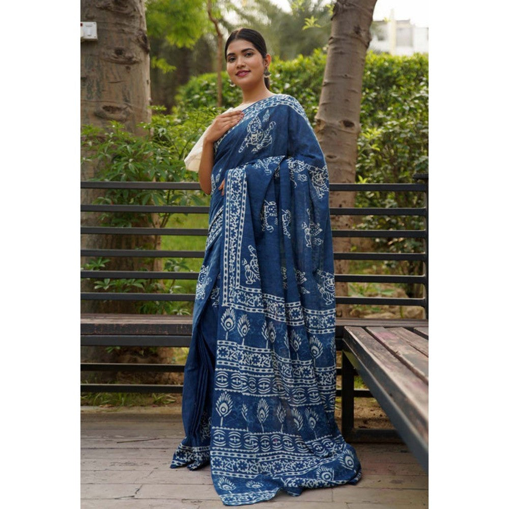 Isadora Life Womens Printed Blue Pre-Draped Saree with Unstitched Blouse