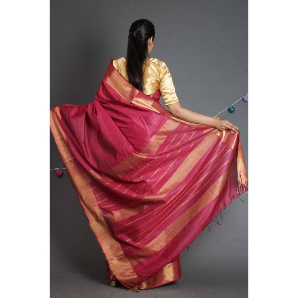 Isadora Life Womens Woven Zari Red Pre-Draped Saree with Unstitched Blouse
