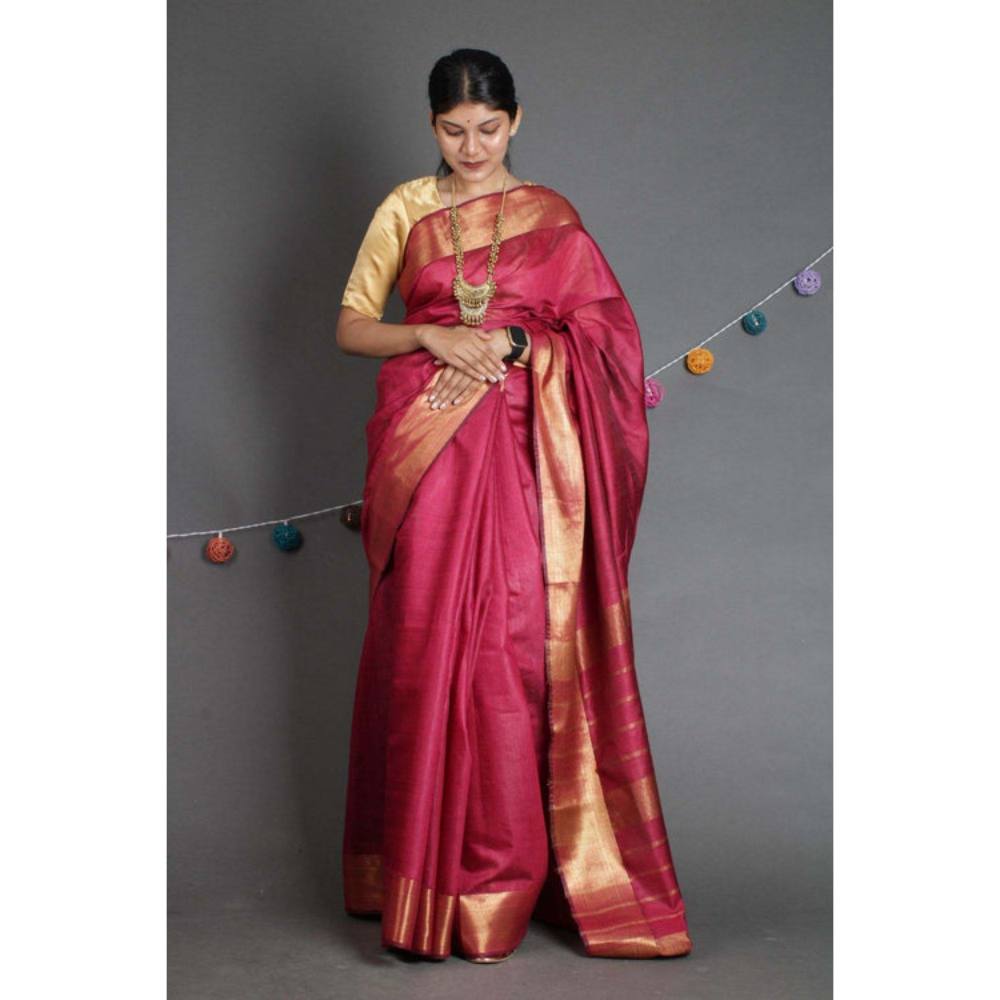 Isadora Life Womens Woven Zari Red Pre-Draped Saree with Unstitched Blouse