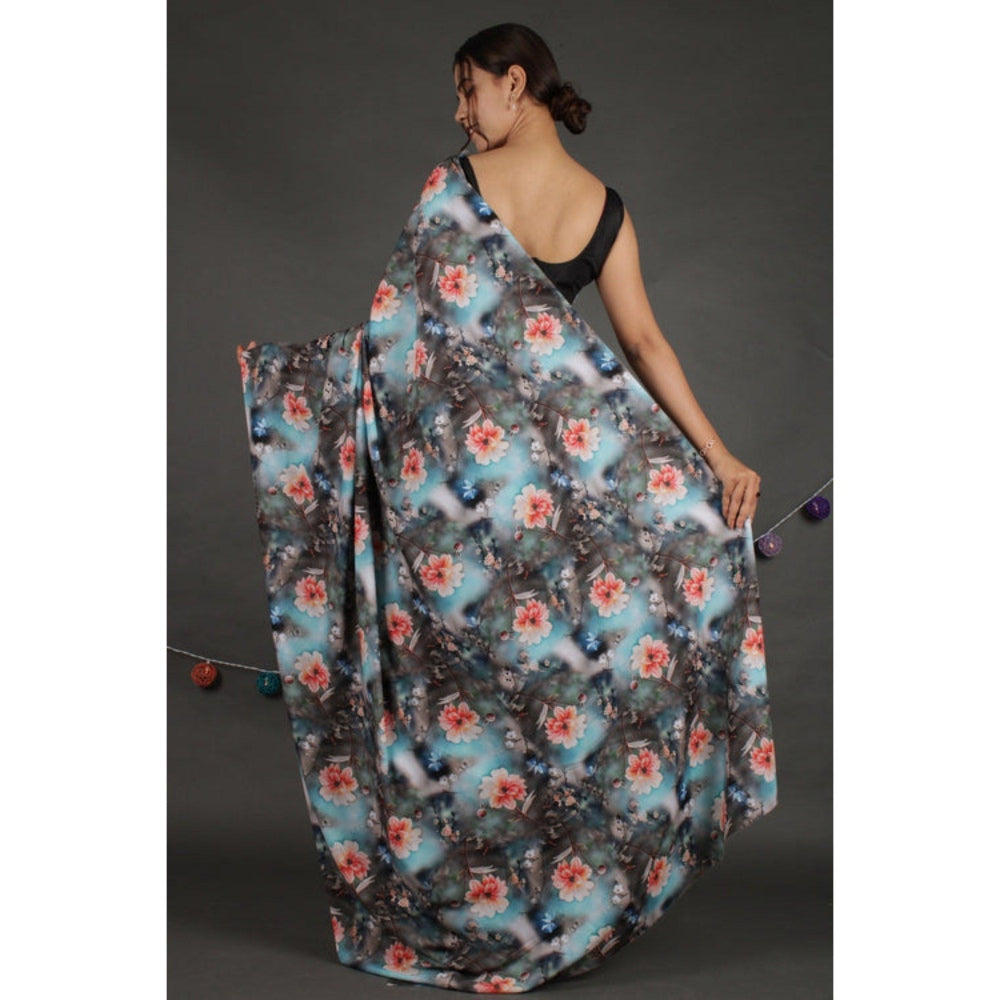 Isadora Life Womens Floral Printed Multi-Color Pre-Draped Saree with Unstitched Blouse