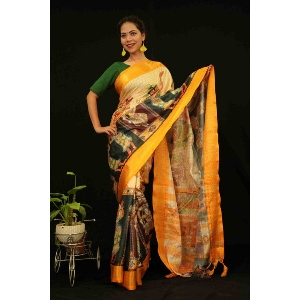Isadora Life Womens Printed Tassels Yellow Pre-Draped Saree with Unstitched Blouse