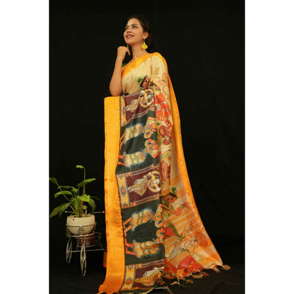 Isadora Life Womens Printed Tassels Yellow Pre-Draped Saree with Unstitched Blouse