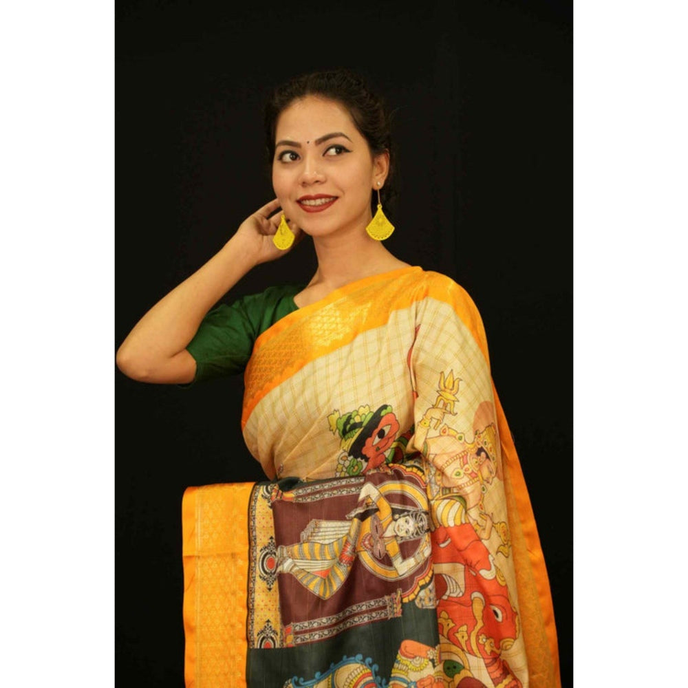 Isadora Life Womens Printed Tassels Yellow Pre-Draped Saree with Unstitched Blouse