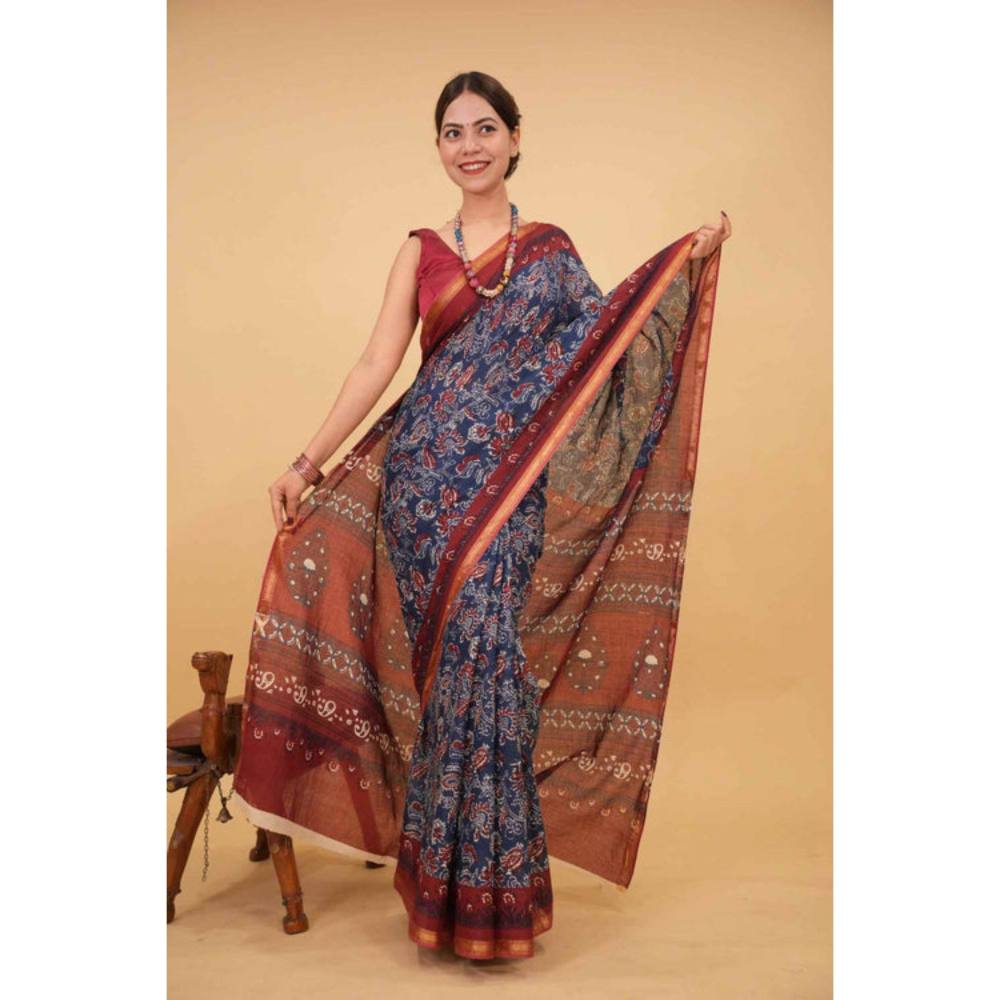 Isadora Life Womens Printed Blue Pre-Draped Saree with Unstitched Blouse