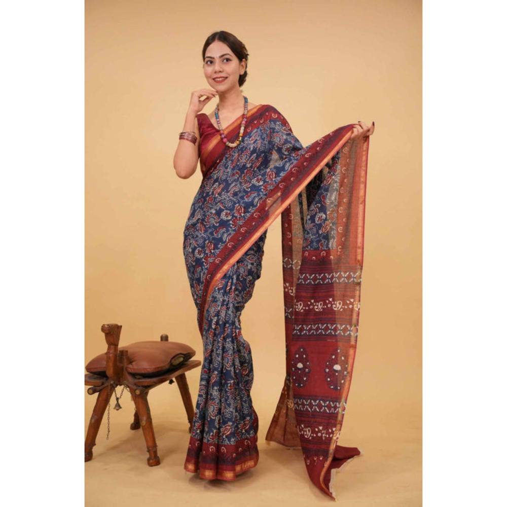 Isadora Life Womens Printed Blue Pre-Draped Saree with Unstitched Blouse